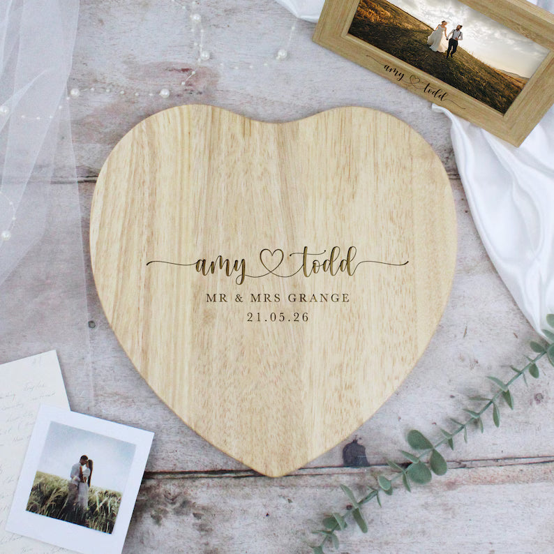 Wedding Gift Personalised Heart Shaped Chopping Board for Couples with Names, Married Surname and Wedding Date Wood, Couples Wedding Present