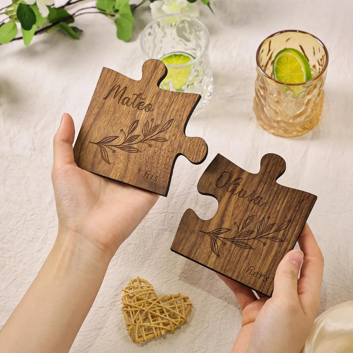 Custom Couples Coaster Set, Leaf Design, Personalised Couples Coaster, Set of 2, His Her Coasters, Anniversary Wedding Gift, Mr Mrs Gift