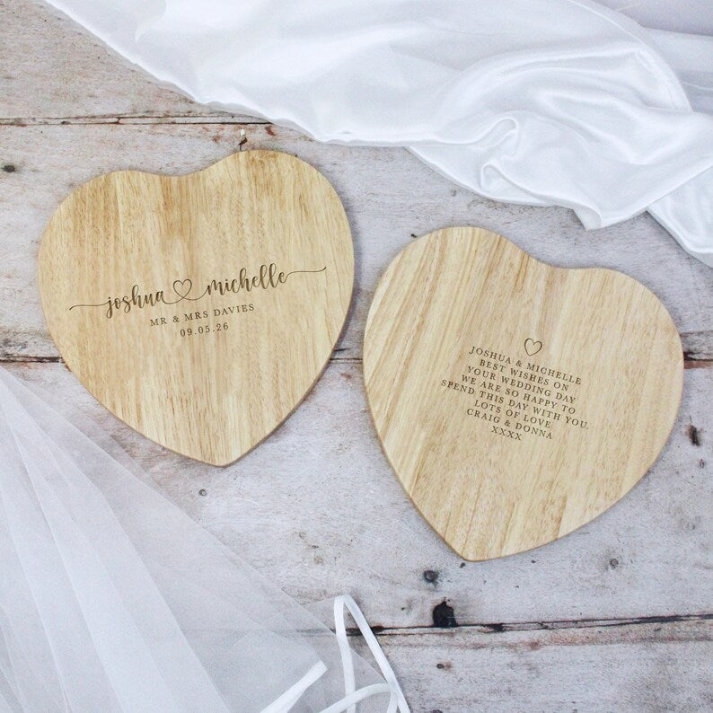 Wedding Gift Personalised Heart Shaped Chopping Board for Couples with Names, Married Surname and Wedding Date Wood, Couples Wedding Present