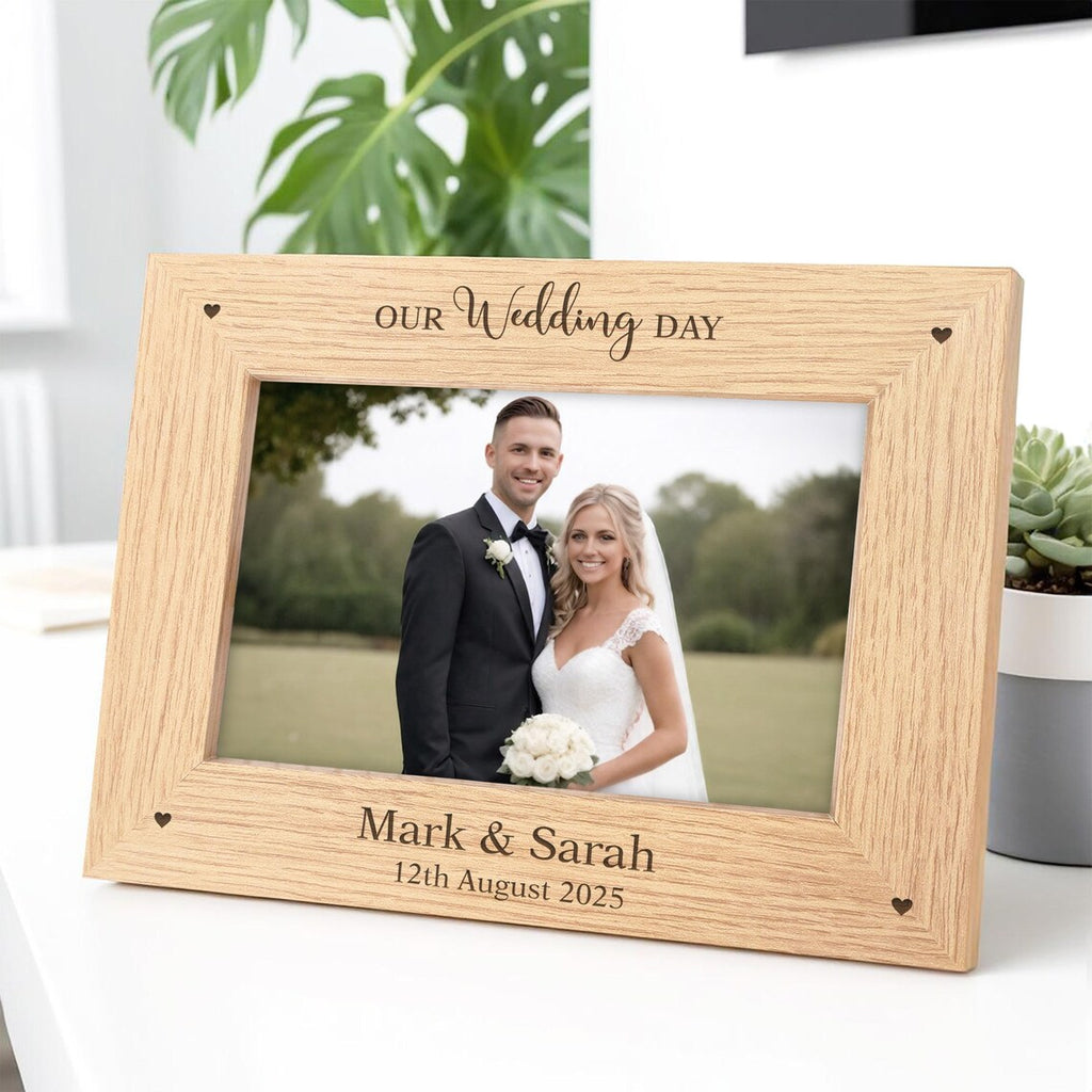 Wedding Photo Frame 6x4 7x5, Personalised Wedding Gift, Our Wedding Day, Newly Married Couple, Bride and Groom, Engraved Wooden Frame