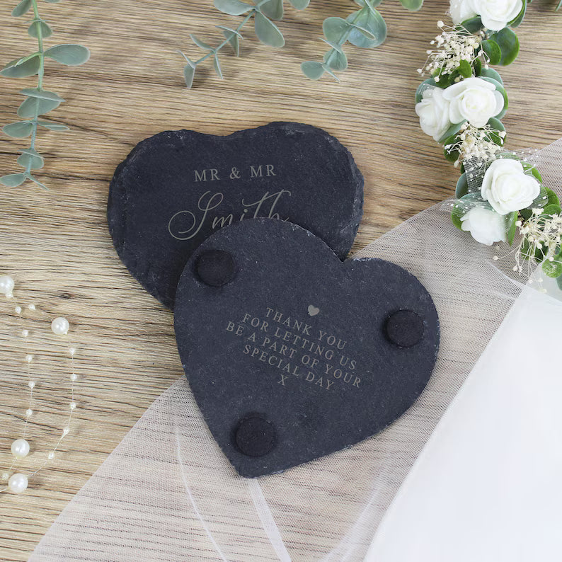 Mr & Mrs Heart Slate Coaster, Set of 2 Coasters Newlyweds Couples Wedding Day Gift, Newly Married Anniversary, Personalised Mr and Mrs Gifts