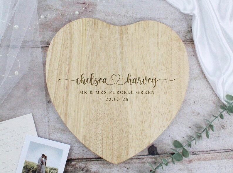 Wedding Gift Personalised Heart Shaped Chopping Board for Couples with Names, Married Surname and Wedding Date Wood, Couples Wedding Present