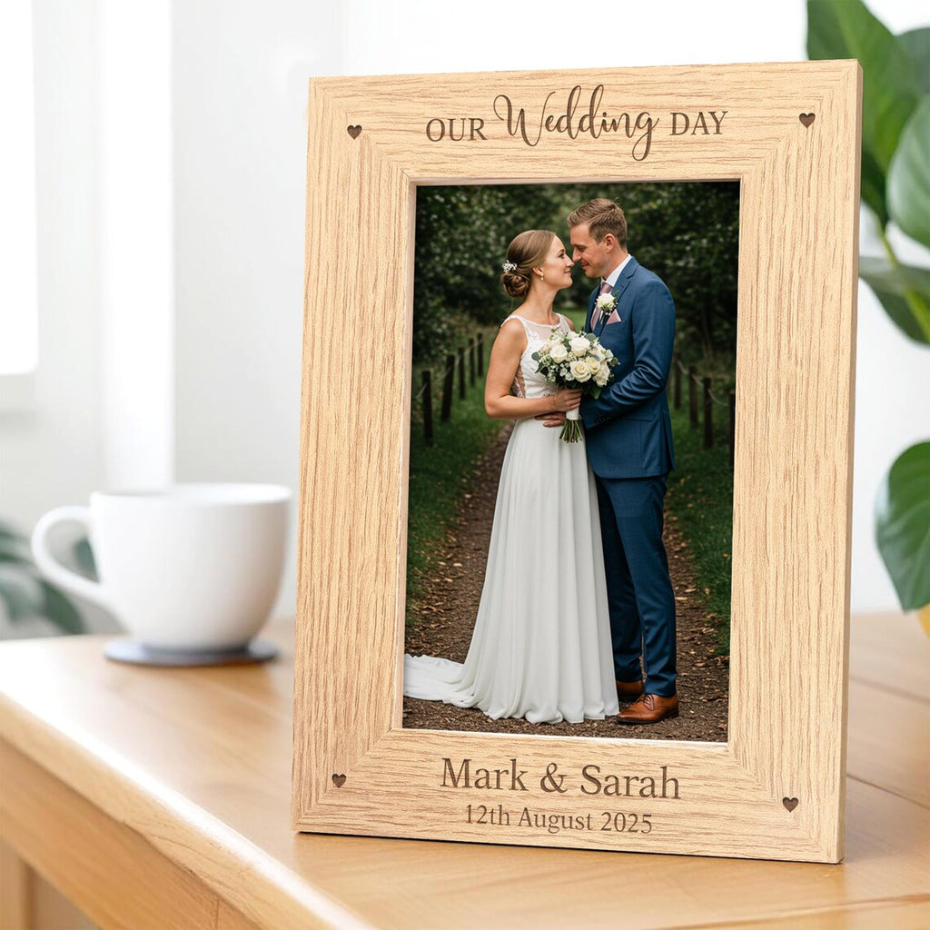 Wedding Photo Frame 6x4 7x5, Personalised Wedding Gift, Our Wedding Day, Newly Married Couple, Bride and Groom, Engraved Wooden Frame