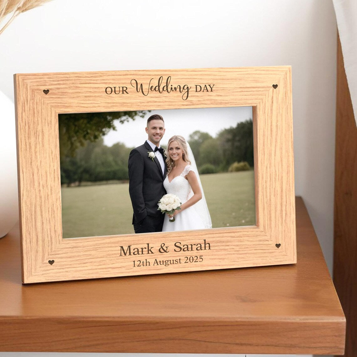 Wedding Photo Frame 6x4 7x5, Personalised Wedding Gift, Our Wedding Day, Newly Married Couple, Bride and Groom, Engraved Wooden Frame