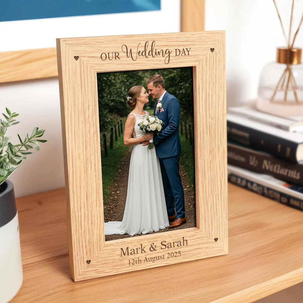 Wedding Photo Frame 6x4 7x5, Personalised Wedding Gift, Our Wedding Day, Newly Married Couple, Bride and Groom, Engraved Wooden Frame