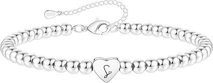 S925 Silver Bead Bracelet for Women Adjustable Heart Initial Letter Bracelet Birthday Jewellery Gift