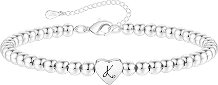 S925 Silver Bead Bracelet for Women Adjustable Heart Initial Letter Bracelet Birthday Jewellery Gift