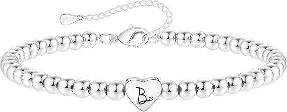 S925 Silver Bead Bracelet for Women Adjustable Heart Initial Letter Bracelet Birthday Jewellery Gift