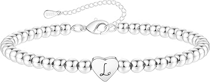 S925 Silver Bead Bracelet for Women Adjustable Heart Initial Letter Bracelet Birthday Jewellery Gift