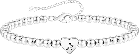 S925 Silver Bead Bracelet for Women Adjustable Heart Initial Letter Bracelet Birthday Jewellery Gift