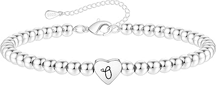 S925 Silver Bead Bracelet for Women Adjustable Heart Initial Letter Bracelet Birthday Jewellery Gift