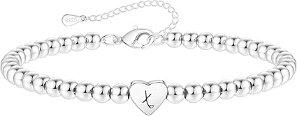 S925 Silver Bead Bracelet for Women Adjustable Heart Initial Letter Bracelet Birthday Jewellery Gift