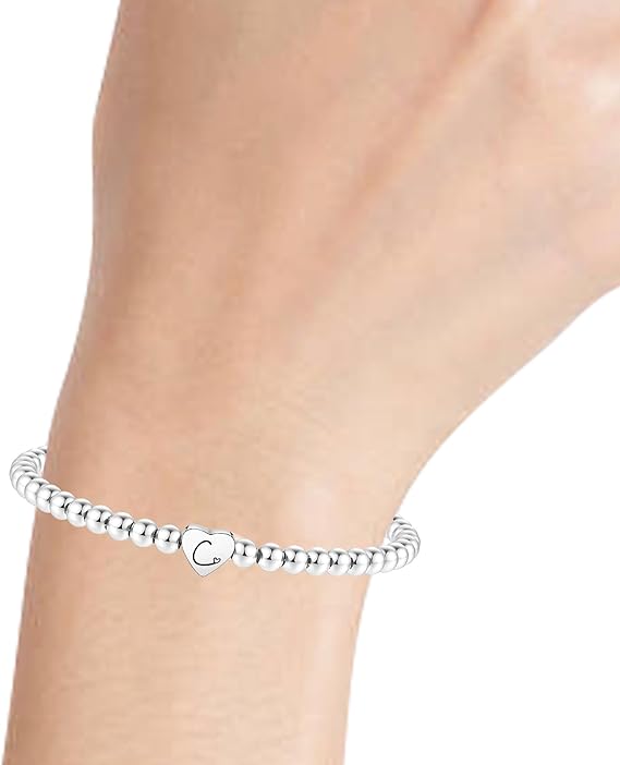 S925 Silver Bead Bracelet for Women Adjustable Heart Initial Letter Bracelet Birthday Jewellery Gift