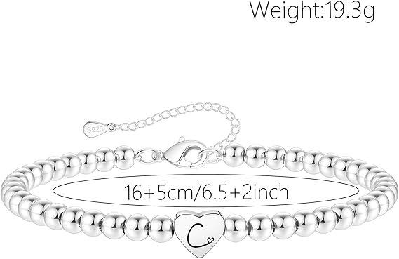 S925 Silver Bead Bracelet for Women Adjustable Heart Initial Letter Bracelet Birthday Jewellery Gift