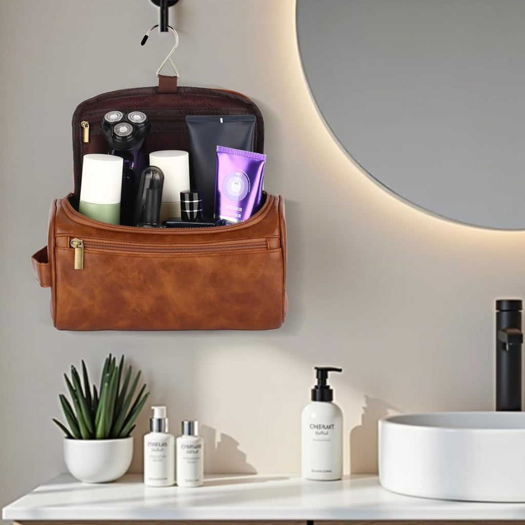 Mens Toiletry Bags,Personalised Gifts for Men,Personalised PU Leather Mens Wash Bag with Initial Hanging Toiletry Bag Xmas Birthday Gifts (Initial-A, Light Brown)