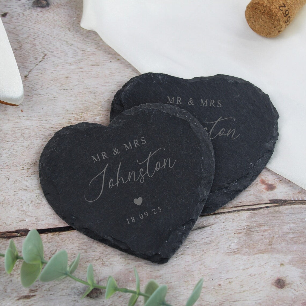 Mr & Mrs Heart Slate Coaster, Set of 2 Coasters Newlyweds Couples Wedding Day Gift, Newly Married Anniversary, Personalised Mr and Mrs Gifts