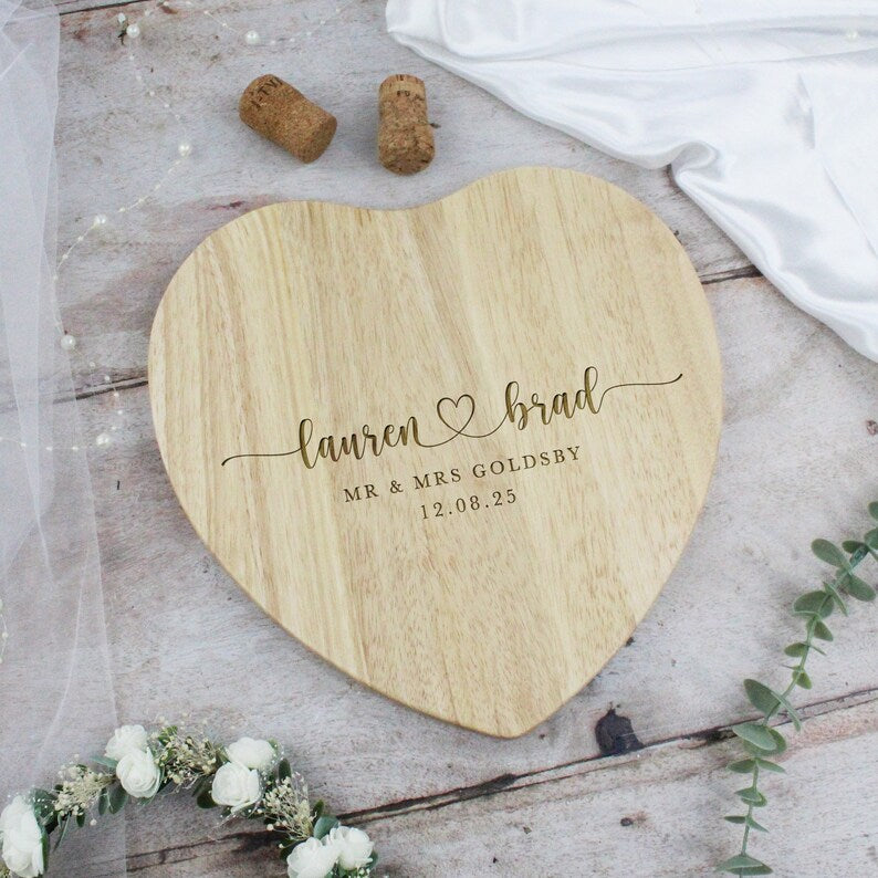 Wedding Gift Personalised Heart Shaped Chopping Board for Couples with Names, Married Surname and Wedding Date Wood, Couples Wedding Present