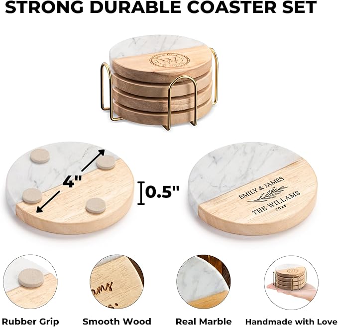 Personalized Coasters, Wedding Gift for Couple, Custom, Premium Craftsmanship Durability Tested, Custom Bar Coasters for Drinks with Monogram Engraved, Great Newlywed