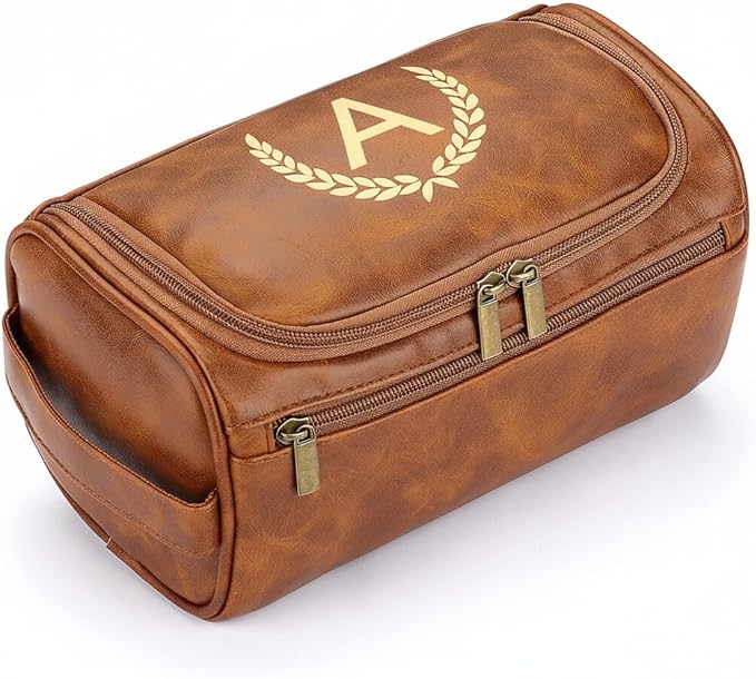 Mens Toiletry Bags,Personalised Gifts for Men,Personalised PU Leather Mens Wash Bag with Initial Hanging Toiletry Bag Xmas Birthday Gifts (Initial-A, Light Brown)