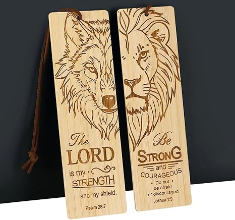 2 Pcs Bible Bookmark Bamboo Bookmarks for Men, Inspirational Christian Religious Gifts for Men Book Marks for Reading Men (Wolf and Lion)