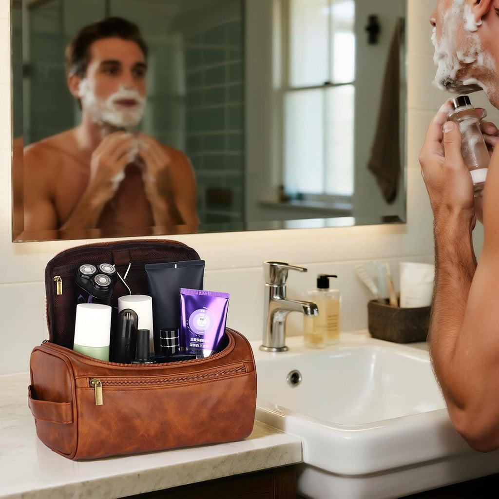 Mens Toiletry Bags,Personalised Gifts for Men,Personalised PU Leather Mens Wash Bag with Initial Hanging Toiletry Bag Xmas Birthday Gifts (Initial-A, Light Brown)