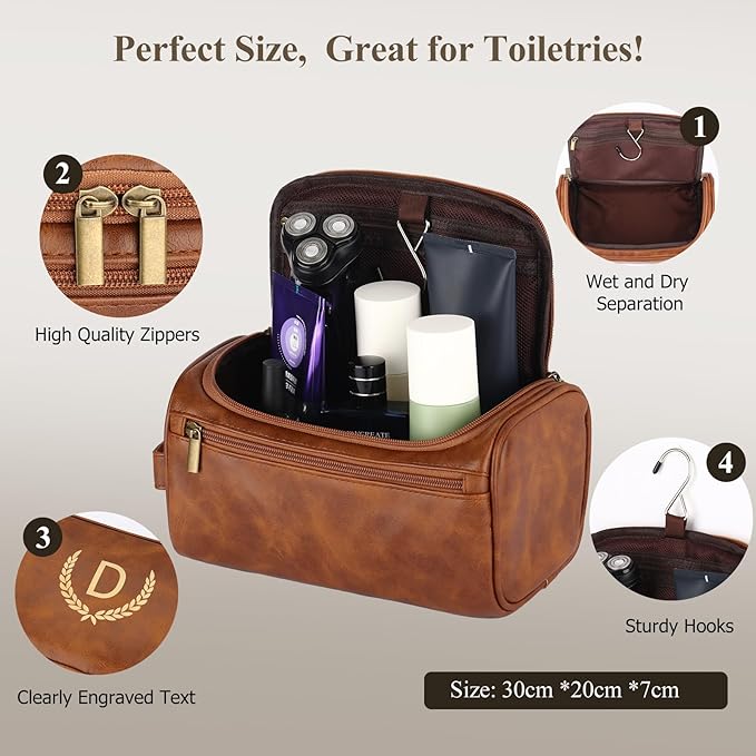 Mens Toiletry Bags,Personalised Gifts for Men,Personalised PU Leather Mens Wash Bag with Initial Hanging Toiletry Bag Xmas Birthday Gifts (Initial-A, Light Brown)