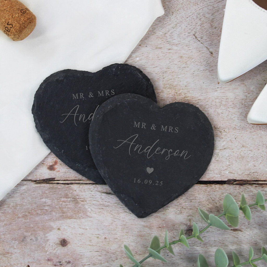 Mr & Mrs Heart Slate Coaster, Set of 2 Coasters Newlyweds Couples Wedding Day Gift, Newly Married Anniversary, Personalised Mr and Mrs Gifts