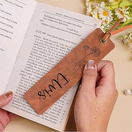 Personalised Bookmark Engraved Leather Book Mark Gifts with Birth Month Flower for Women Men Teacher Custom Bookmark Book Marks Bookmarks Gifts for Graduation Birthday Christmas (Brown)