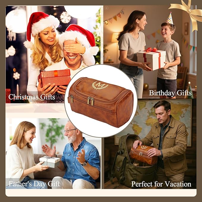 Mens Toiletry Bags,Personalised Gifts for Men,Personalised PU Leather Mens Wash Bag with Initial Hanging Toiletry Bag Xmas Birthday Gifts (Initial-A, Light Brown)