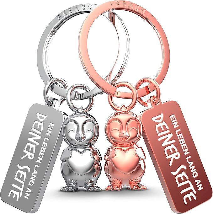 FABACH Schlüsselanhänger für Paare - 2 Pinguine Frosty mit Herz - Glücksbringer Freundin - Partner Liebe Schlüsselanhänger Jahrestag Geschenke Valentinstag, Schwarz & Roségold