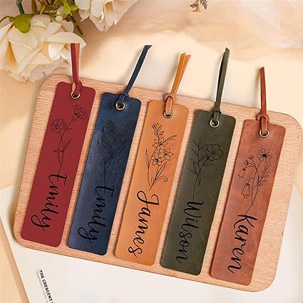 Personalised Bookmark Engraved Leather Book Mark Gifts with Birth Month Flower for Women Men Teacher Custom Bookmark Book Marks Bookmarks Gifts for Graduation Birthday Christmas (Brown)
