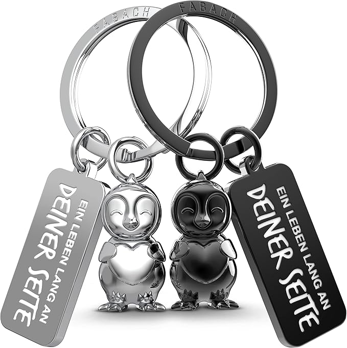 FABACH Schlüsselanhänger für Paare - 2 Pinguine Frosty mit Herz - Glücksbringer Freundin - Partner Liebe Schlüsselanhänger Jahrestag Geschenke Valentinstag, Schwarz & Roségold