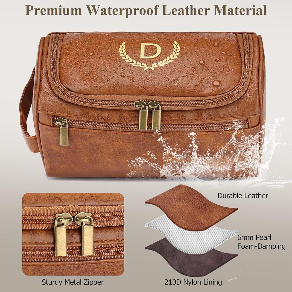 Mens Toiletry Bags,Personalised Gifts for Men,Personalised PU Leather Mens Wash Bag with Initial Hanging Toiletry Bag Xmas Birthday Gifts (Initial-A, Light Brown)