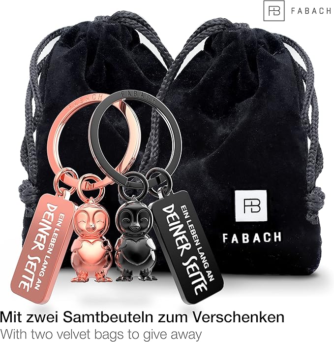 FABACH Schlüsselanhänger für Paare - 2 Pinguine Frosty mit Herz - Glücksbringer Freundin - Partner Liebe Schlüsselanhänger Jahrestag Geschenke Valentinstag, Schwarz & Roségold