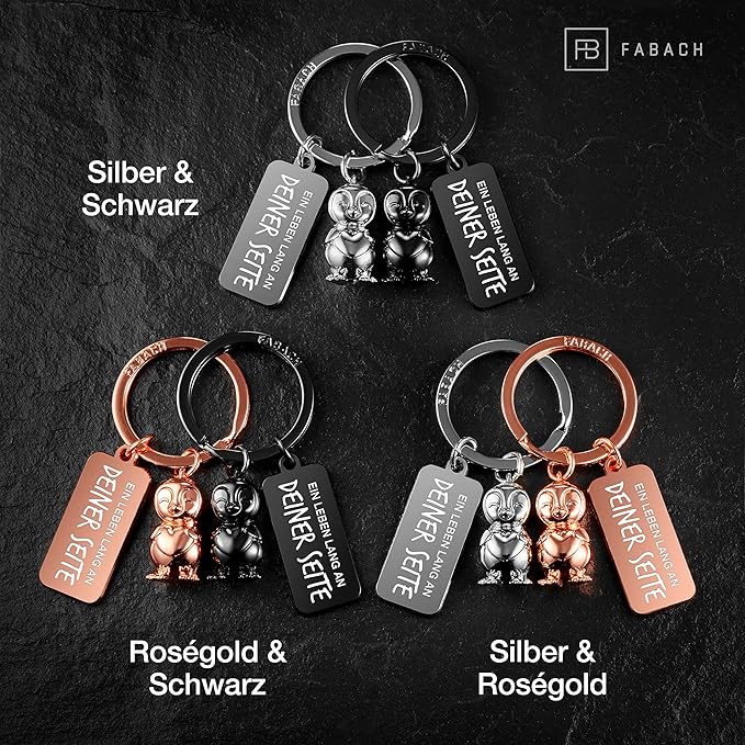 FABACH Schlüsselanhänger für Paare - 2 Pinguine Frosty mit Herz - Glücksbringer Freundin - Partner Liebe Schlüsselanhänger Jahrestag Geschenke Valentinstag, Schwarz & Roségold
