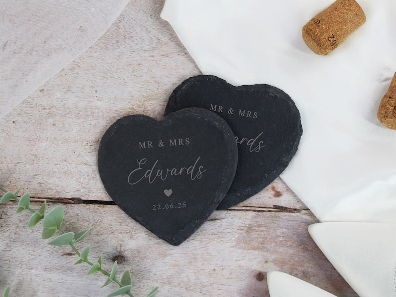 Mr & Mrs Heart Slate Coaster, Set of 2 Coasters Newlyweds Couples Wedding Day Gift, Newly Married Anniversary, Personalised Mr and Mrs Gifts